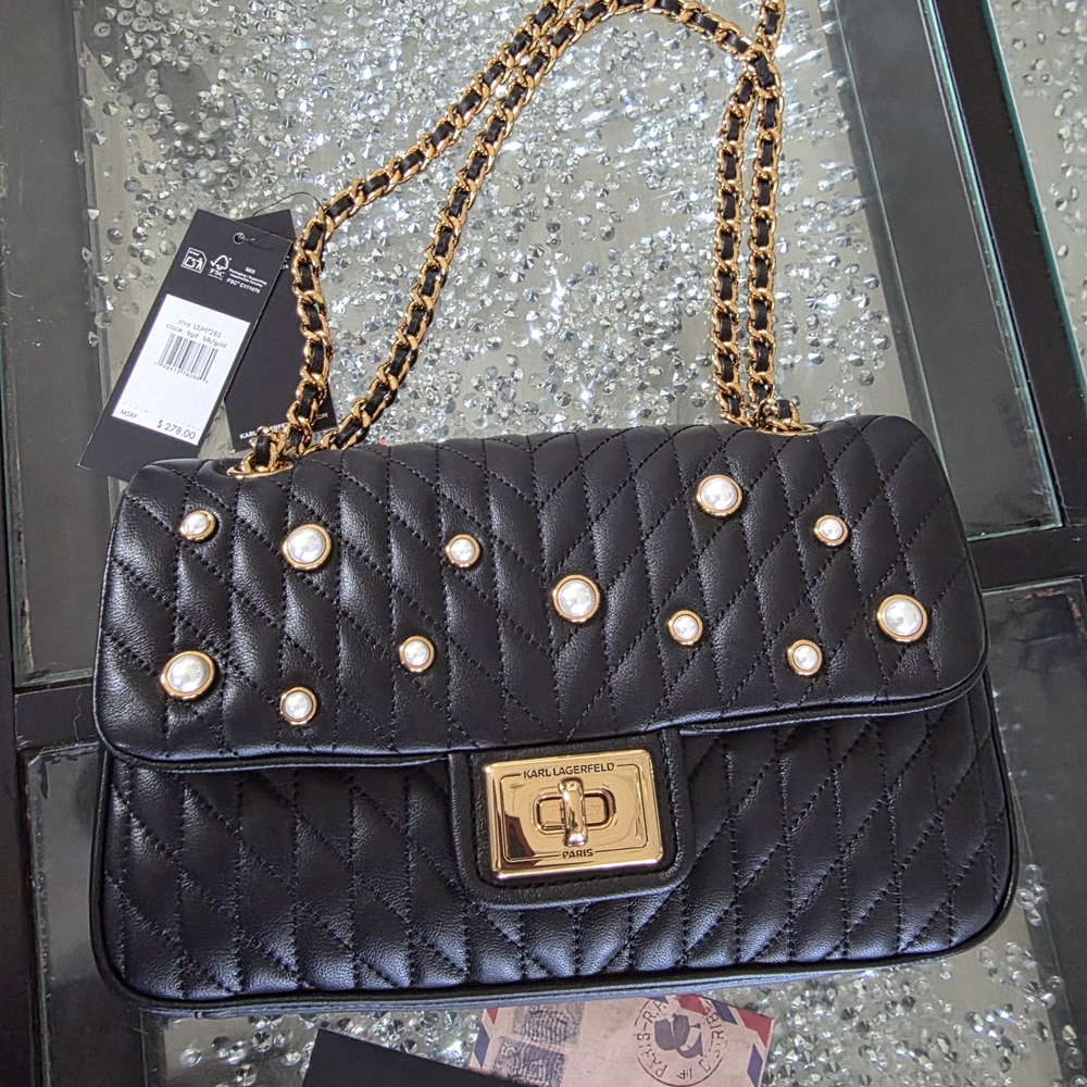 Karl Lagerfeld Black Quilted Shoulder Bag with Gold Chain and Pearl Accents - Picture 4 of 9